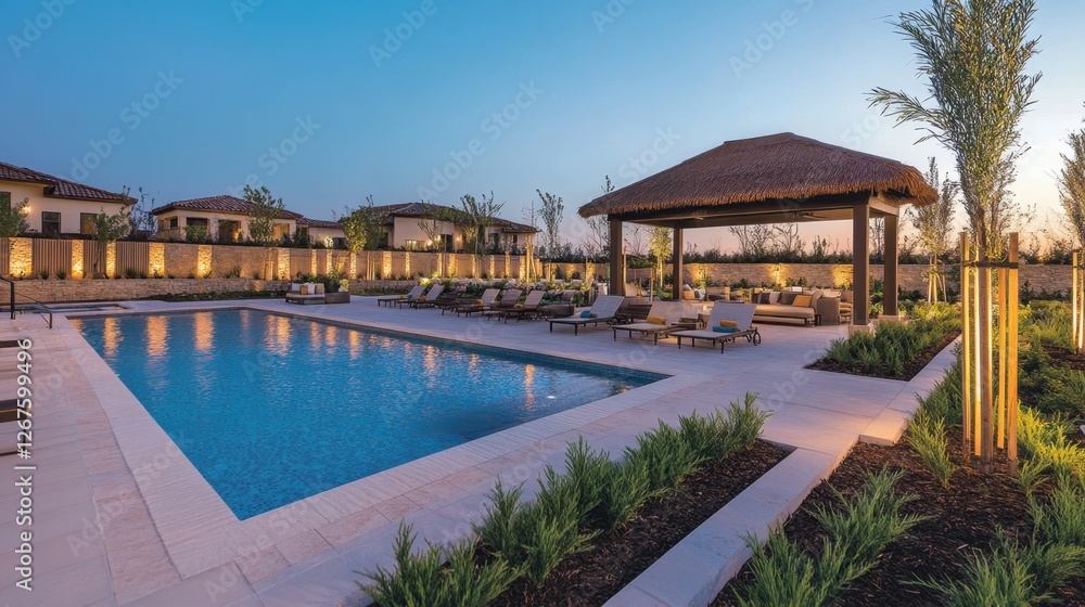 A serene resort pool with thatched-roof cabanas, cozy seating areas, and soft pool lights. A serene resort pool with thatched-roof cabanas, cozy seating areas, and soft pool lights.