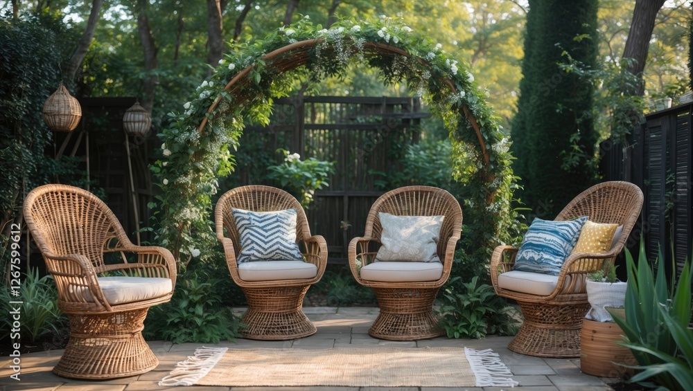 Fototapeta premium Charming Outdoor Patio with Rattan Chairs and Floral Arch in Serene Garden Setting Ideal for Relaxation and Entertaining