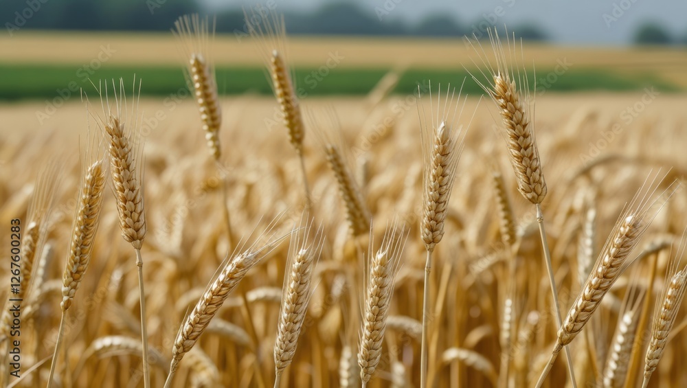 Fototapeta premium Ripe barley field close-up showcasing golden grains ready for harvest under a clear sky in a picturesque agricultural landscape.