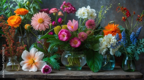 Wallpaper Mural Colorful bouquet of assorted flowers in glass vases against a dark background with natural lighting and Copy Space for text placement. Torontodigital.ca