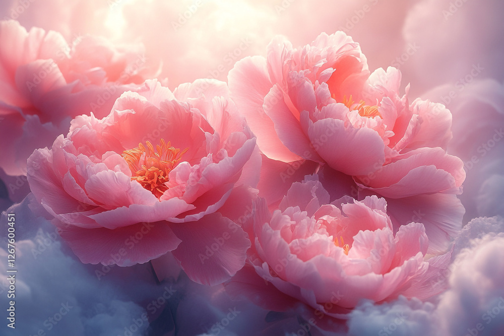 Dreamy Peony Blooms, A Floral Fantasy in Pastel Pink and Soft Clouds Dreamy Peony Blooms, A Floral Fantasy in Pastel Pink and Soft Clouds