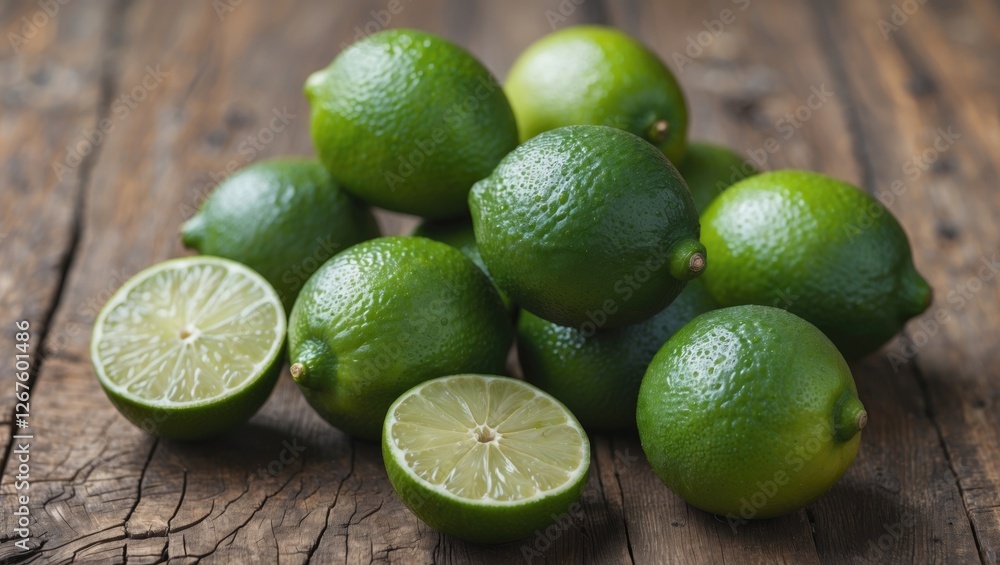 Fresh Green Limes Displayed on Rustic Wooden Surface Highlighting Their Juicy Texture and Vitamin Rich Benefits. Fresh Green Limes Displayed on Rustic Wooden Surface Highlighting Their Juicy Texture and Vitamin Rich Benefits.