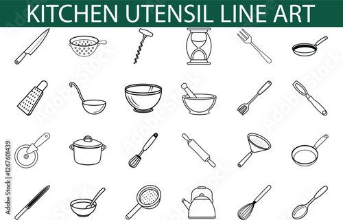 Simple Kitchen Utensil Line Art Icons and Cooking Tools