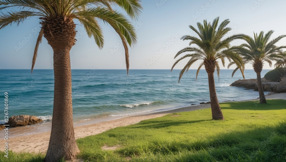 Scenic Mediterranean Beach with Lush Green Grass and Palm Trees Under Clear Sky Near Tranquil Sea Waves at Sunrise Scenic Mediterranean Beach with Lush Green Grass and Palm Trees Under Clear Sky Near Tranquil Sea Waves at Sunrise