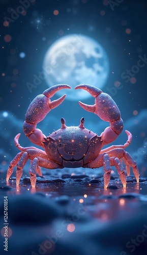 Mystical Cancer Zodiac Sign – A Glowing Celestial Crab Under a Full Moon, Surrounded by Cosmic Waves and Astrological Symbols, Magical Deep Blue and Silver Fantasy Artwork