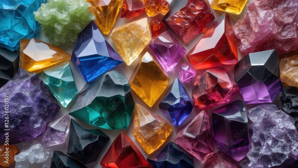 Vibrant multicolor abstract background featuring a variety of shaped and textured crystals showcasing their rich hues and reflections. Vibrant multicolor abstract background featuring a variety of shaped and textured crystals showcasing their rich hues and reflections.