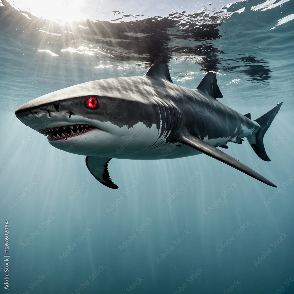 Fototapeta premium A shark with metallic armor plating and glowing red eyes, swimming in the air on a clear white background.