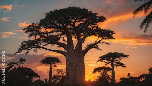 Majestic Baobab Tree Silhouette Against Vibrant Orange Sunset Sky in Tropical Landscape Ideal for Travel and Nature Photography Themes