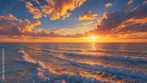 Vibrant sunset over the ocean with golden clouds and waves creating a serene coastal atmosphere ideal for relaxation and travel imagery.