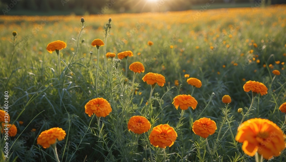 Obraz premium Marigold Flowers Blooming in Sunlit Meadow with Vibrant Orange Petals and Lush Greenery Under the Warm Glow of Sunset