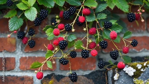 Blackberry and raspberry bush with ripe red and black berries hanging over a textured brick wall in a sunny spring backdrop with greenery. photo