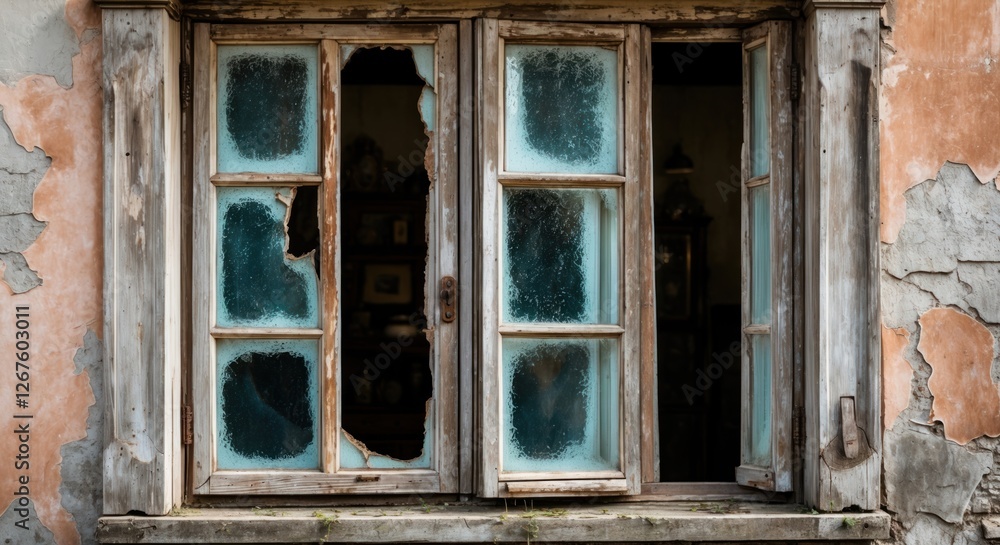 Abandoned old window with broken glass and peeling paint showcasing weathered rustic charm and historical character in a derelict setting Abandoned old window with broken glass and peeling paint showcasing weathered rustic charm and historical character in a derelict setting