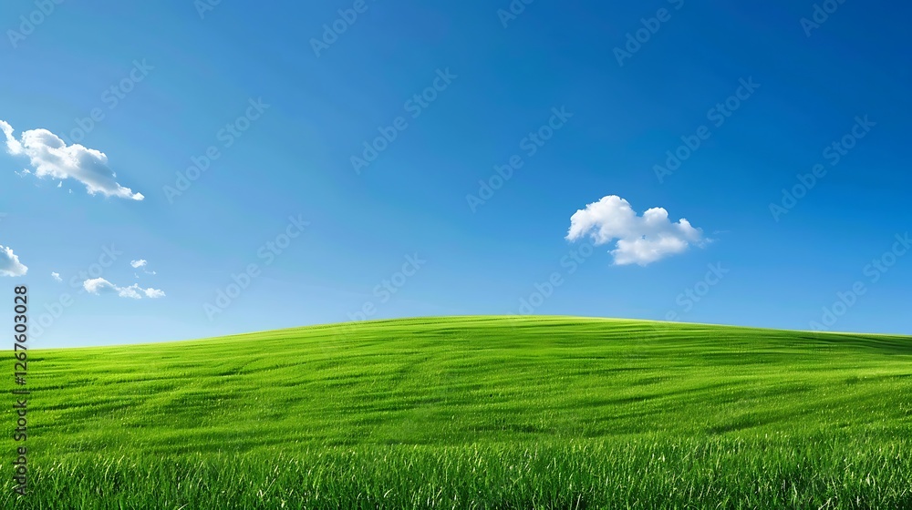 Lush Green Field Under Clear Blue Sky with Fluffy White Clouds Lush Green Field Under Clear Blue Sky with Fluffy White Clouds
