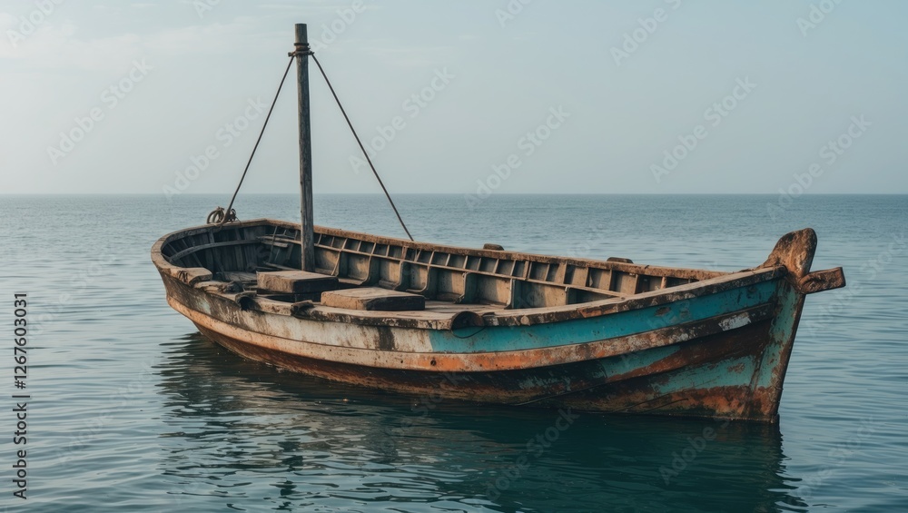 Weathered Fishing Boat Anchored on Calm Ocean Waters at Dusk Serenity in Nature Peaceful Scene with Tranquil Water Surface Weathered Fishing Boat Anchored on Calm Ocean Waters at Dusk Serenity in Nature Peaceful Scene with Tranquil Water Surface