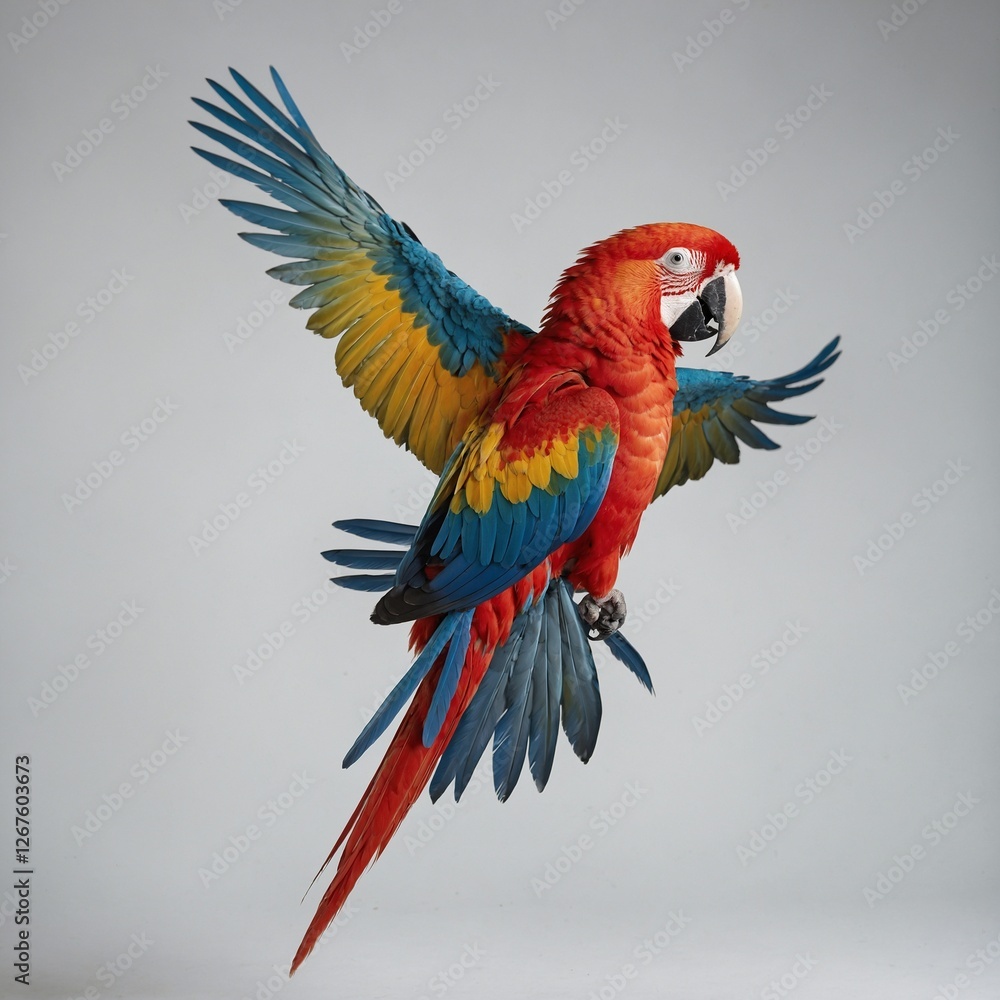Obraz premium A colorful macaw spreading its wings, bright plumage visible, clear white background.