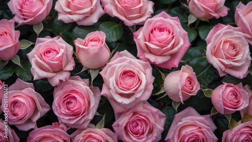 Vibrant pink roses creating a lush floral background with greenery and ample space for text perfect for designs and promotions.