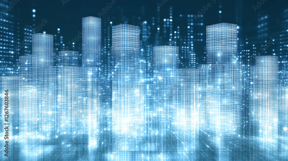 Digital Cityscape with Geometric Skyscrapers and Sparkling Blue Data Streams in Metaverse Illusion