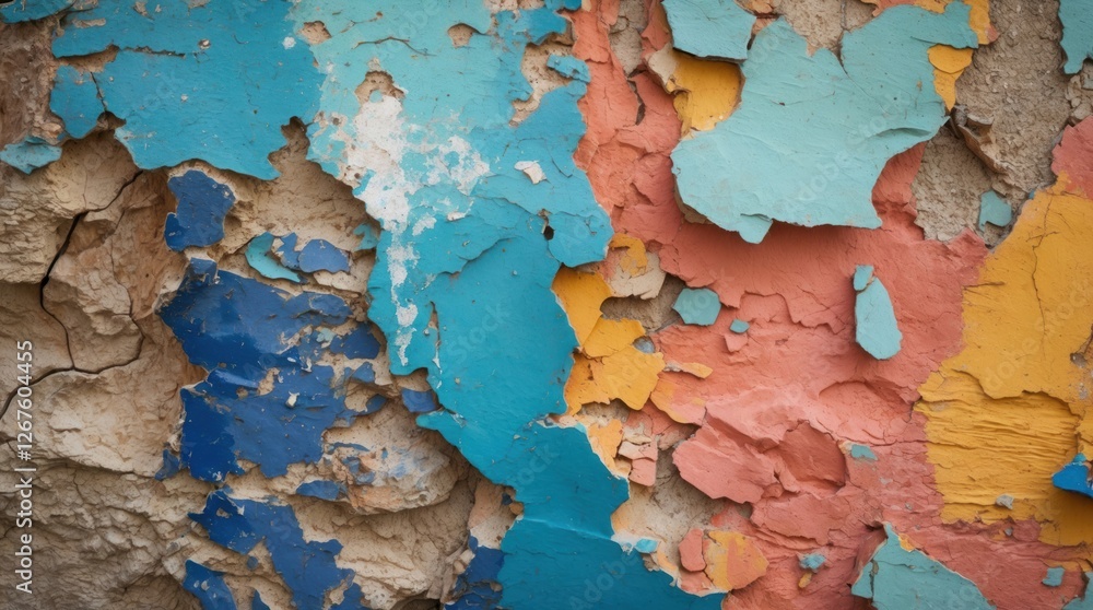 Vibrant textured wall with peeling paint showcasing a rustic aesthetic and colorful layers of damage and decay Vibrant textured wall with peeling paint showcasing a rustic aesthetic and colorful layers of damage and decay