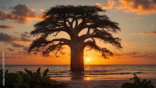 Baobab Tree Silhouette at Sunset Over Tropical Beach with Orange Sky and Calm Sea Evoking Exotic Travel and Nature's Beauty.