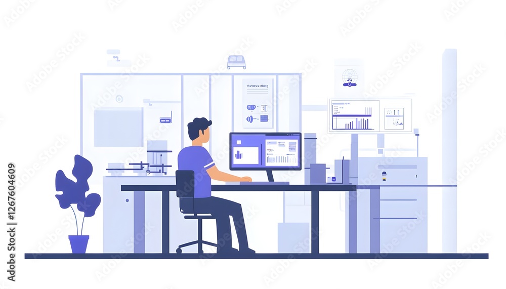 A modern workspace featuring a man working on a computer at a desk. The office environment is sleek and organized, showcasing technology and productivity in a professional setting. A modern workspace featuring a man working on a computer at a desk. The office environment is sleek and organized, showcasing technology and productivity in a professional setting.