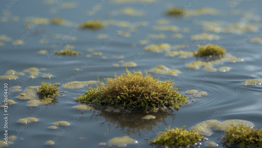 Moss Floating on Still Water Surface with Ripples and Empty Space for Text Overlay Moss Floating on Still Water Surface with Ripples and Empty Space for Text Overlay