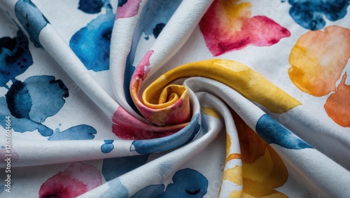 Colorful watercolor patterned fabric in a spiral arrangement with vivid hues of blue, pink, yellow, and orange on a white background. photo