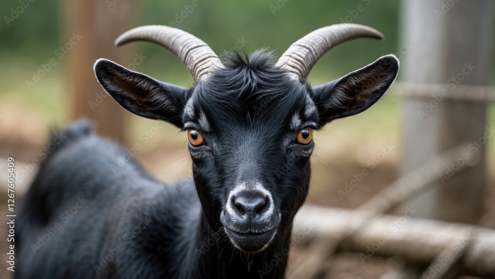 Playful black goat with distinctive horns in a farm setting, showcasing its unique expressions and charm of rural animal life. Playful black goat with distinctive horns in a farm setting, showcasing its unique expressions and charm of rural animal life.