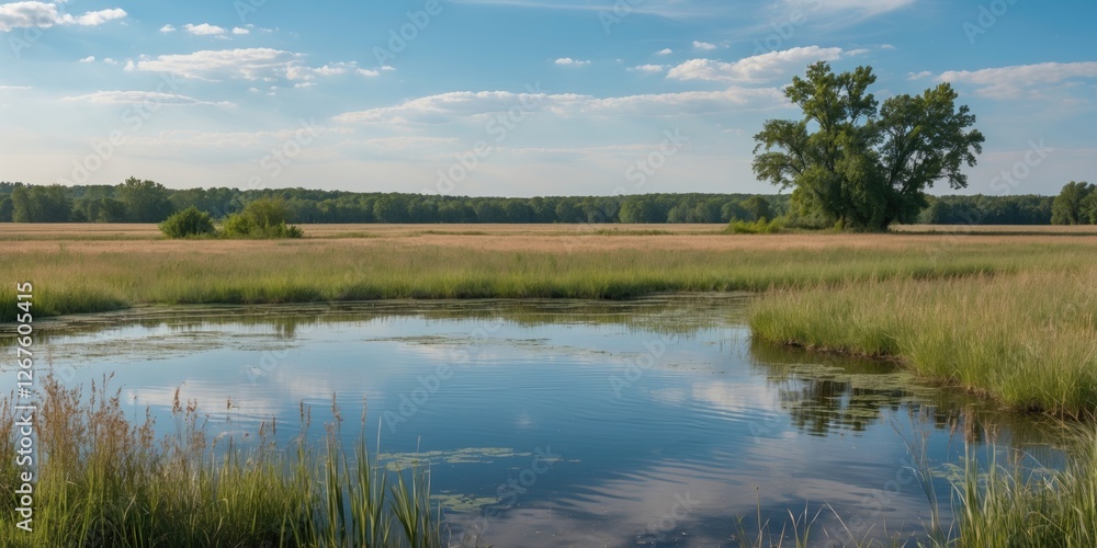 Fototapeta premium Serene Nebraska Pond With Lush Greenery Reflections In Still Water Under Clear Blue Sky And Open Fields For Text Overlay