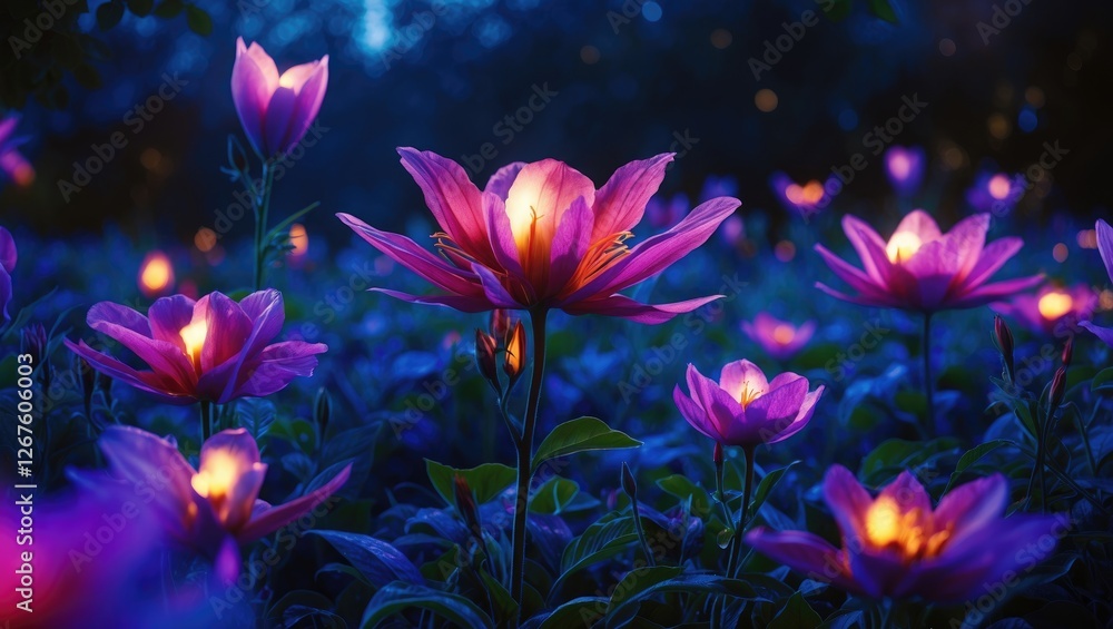 Enchanting Nighttime Blossoms Illuminated by Soft Glows in a Dark Blue Garden Setting Enchanting Nighttime Blossoms Illuminated by Soft Glows in a Dark Blue Garden Setting