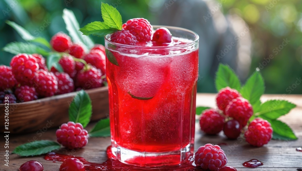 Refreshing Raspberry Beverage with Mint Garnish in Summer Setting and Copy Space for Text Refreshing Raspberry Beverage with Mint Garnish in Summer Setting and Copy Space for Text