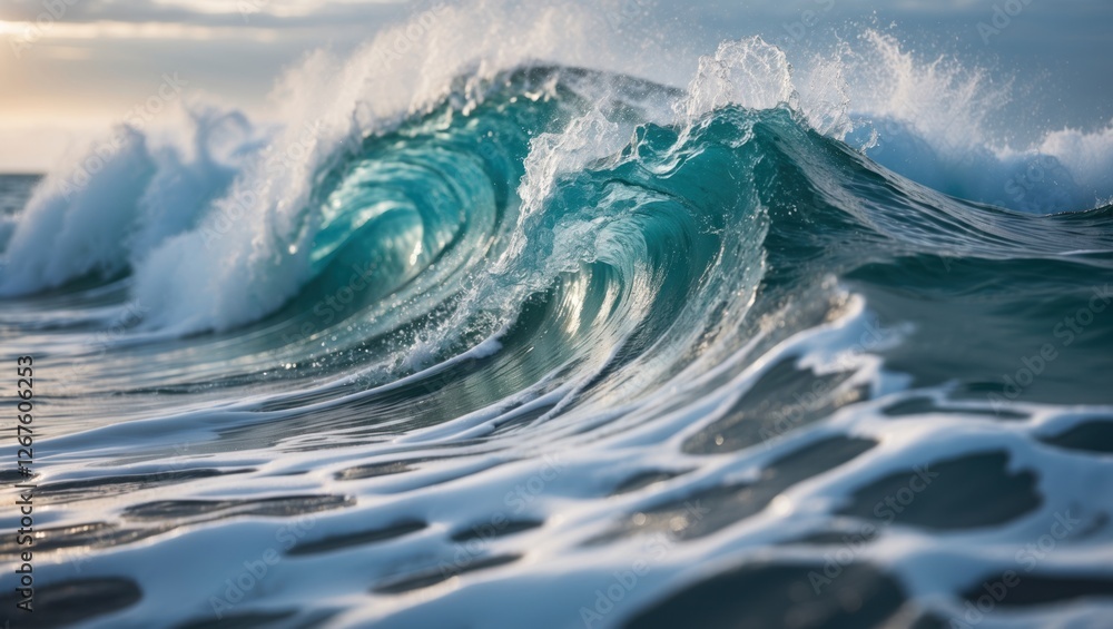 Turbulent ocean waves crashing with vibrant teal colors and white foam at sunset creating a dynamic seascape background. Turbulent ocean waves crashing with vibrant teal colors and white foam at sunset creating a dynamic seascape background.