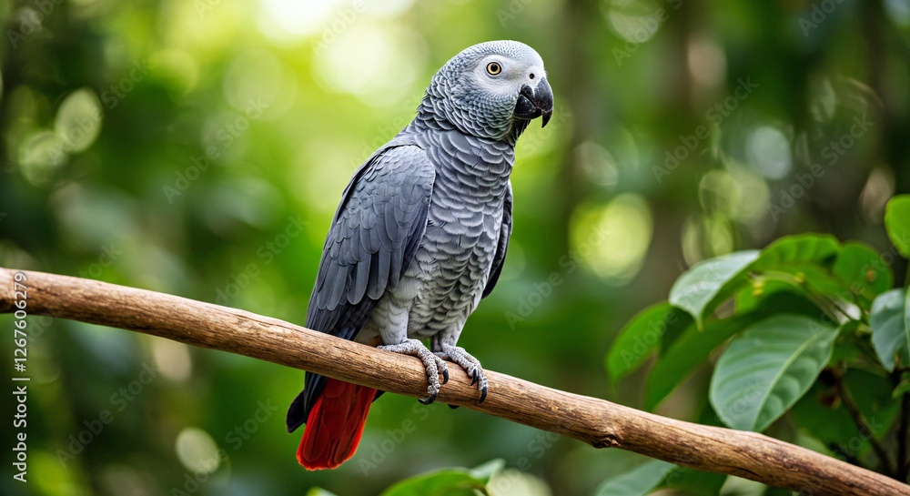 Obraz premium A Grey Parrot Perched on a Branch in a Rainforest, With Its Distinctive Red Tail Feathers Visible 