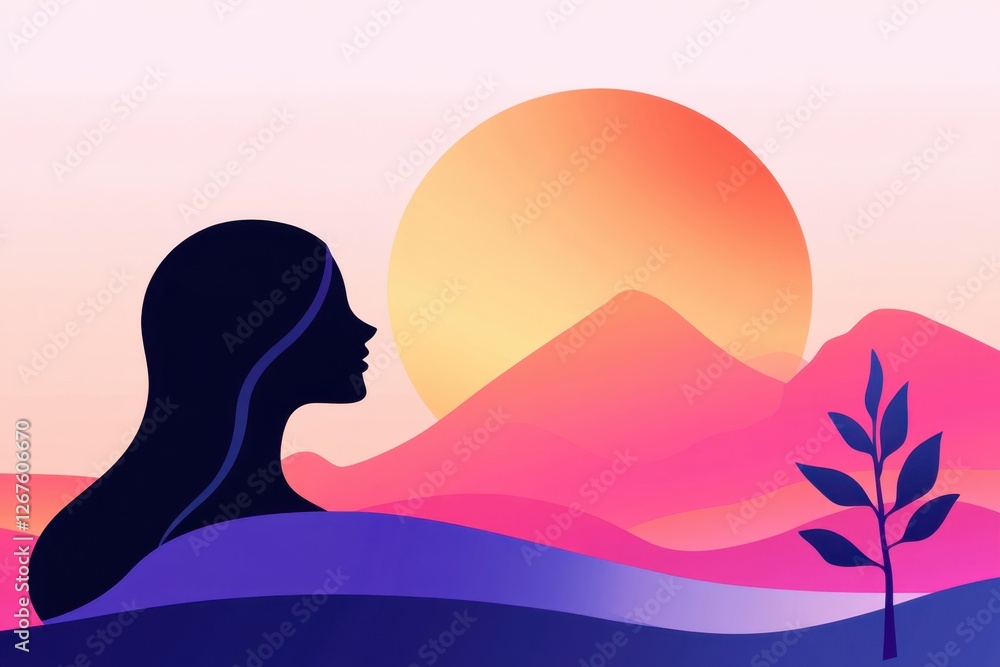Sunset silhouette: woman nature in harmony Sunset silhouette: woman nature in harmony