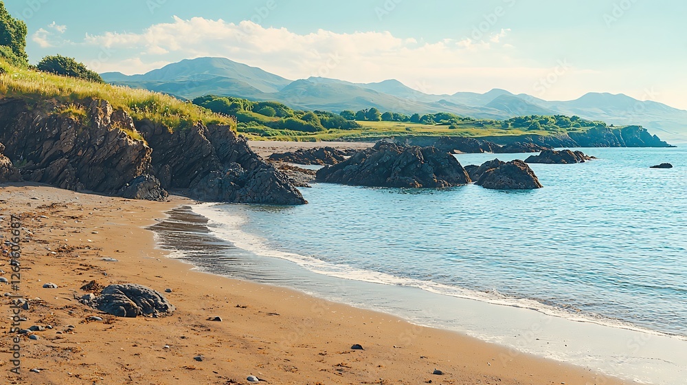 Obraz premium Sandy beach, coastal rocks, mountain backdrop, calm sea, travel postcard