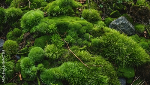 Lush green moss landscape with various textures and rock formations in a natural habitat showcasing biodiversity and tranquility. photo