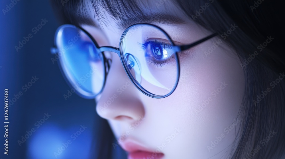 Woman with glasses looking at screen reflection Woman with glasses looking at screen reflection