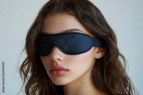 Wallpaper Mural  Woman with long wavy hair wearing black sleep mask, soft lighting, peaceful expression, stylish eye cover, modern self-care accessory, symbolizing rest, comfort, and wellness Torontodigital.ca