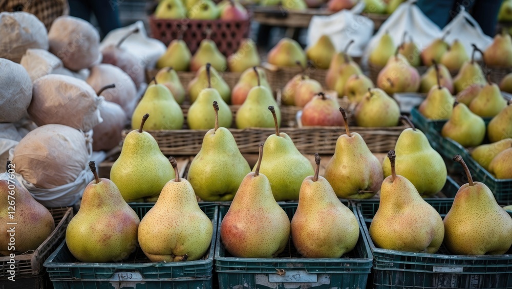 Freshly Harvested Pears Displayed in Baskets at Open Market with Abundant Copy Space for Text and Promotions. Freshly Harvested Pears Displayed in Baskets at Open Market with Abundant Copy Space for Text and Promotions.