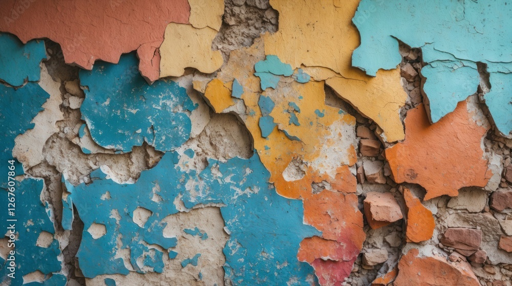 Colorful rustic wall with peeling paint and damaged texture showcasing vibrant hues of blue, orange, and yellow in a weathered appearance. Colorful rustic wall with peeling paint and damaged texture showcasing vibrant hues of blue, orange, and yellow in a weathered appearance.
