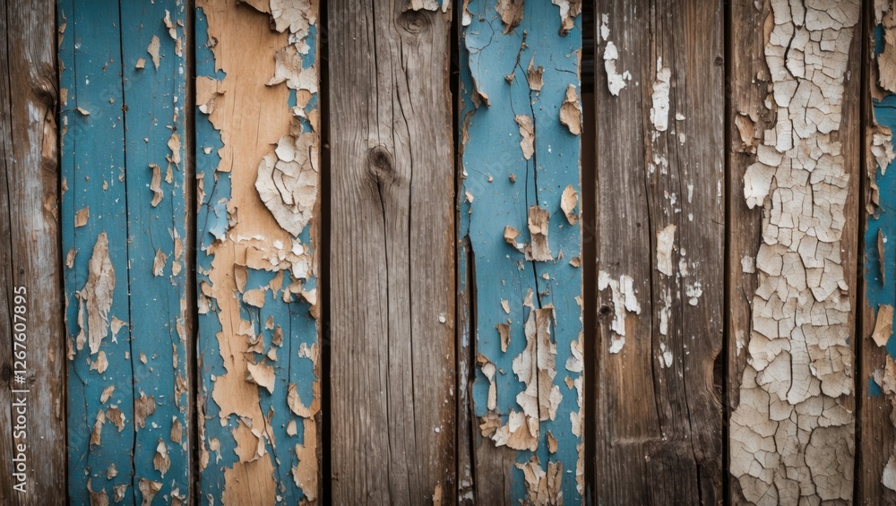 Fototapeta premium Weathered wooden wall with cracked and peeling blue paint highlighting textures and rustic charm. Perfect for vintage backgrounds and designs.