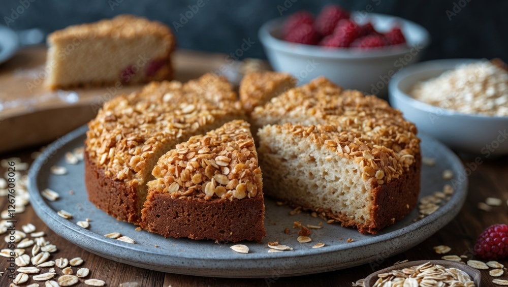 Healthy oat cake with crunchy topping served on a rustic plate with fresh raspberries and oats for a wholesome dessert option. Healthy oat cake with crunchy topping served on a rustic plate with fresh raspberries and oats for a wholesome dessert option.