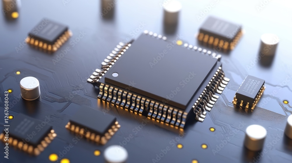 Intricate circuitry and microelectronic components of a modern computer chip, closeup examination Intricate circuitry and microelectronic components of a modern computer chip, closeup examination