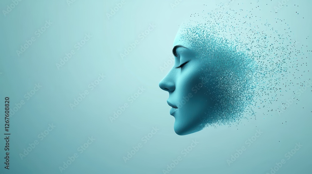 Woman's face with emanating dots, an abstract digital art portrait exploring connection and dispersion Woman's face with emanating dots, an abstract digital art portrait exploring connection and dispersion