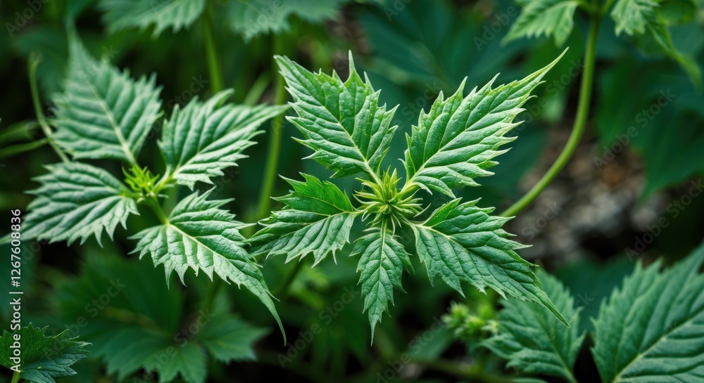 Close-up view of vibrant stinging nettle leaves showcasing intricate textures and lush greenery in natural setting. Ideal for botanical illustrations. Close-up view of vibrant stinging nettle leaves showcasing intricate textures and lush greenery in natural setting. Ideal for botanical illustrations.