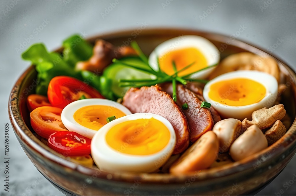 Rustic Gourmet Bowl of Roasted Duck with Vegetables and Boiled Egg Rustic Gourmet Bowl of Roasted Duck with Vegetables and Boiled Egg