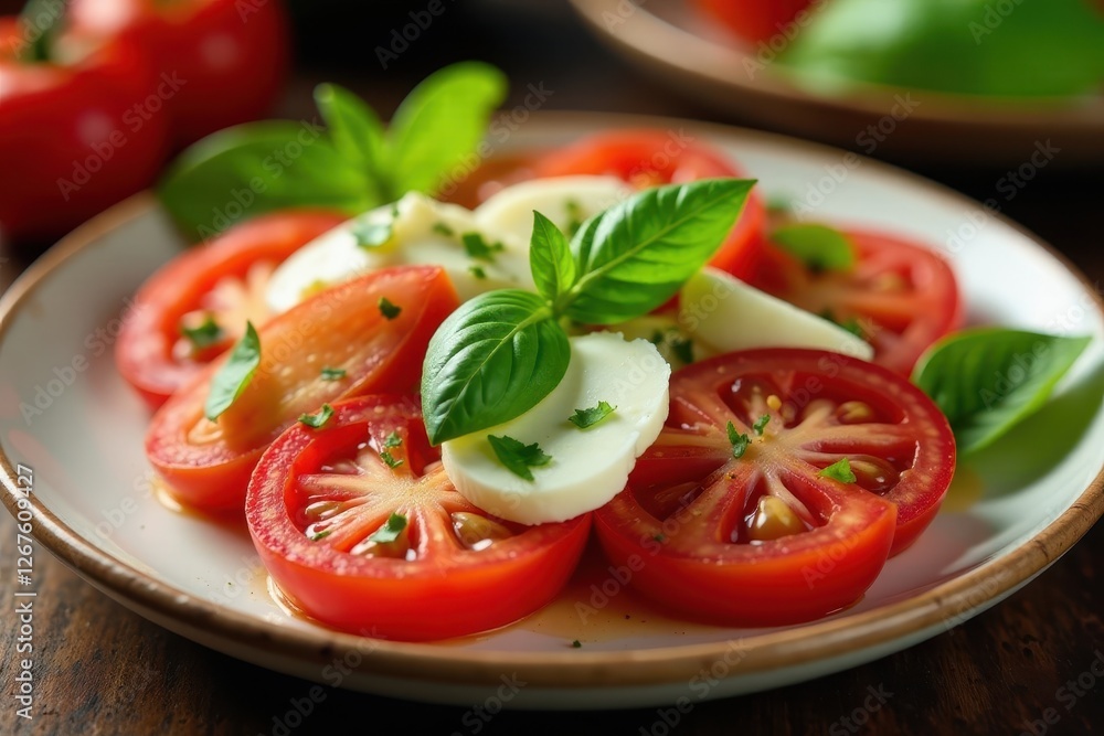 Close-up vibrant Caprese salad Juicy tomatoes, creamy cheese, fresh basil , food, dairy, ripe Close-up vibrant Caprese salad Juicy tomatoes, creamy cheese, fresh basil , food, dairy, ripe