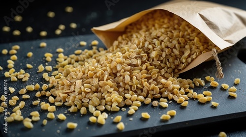 Bulgur grains spilled from a paper bag on a wooden cutting board showcasing natural food preparation and healthy ingredients.