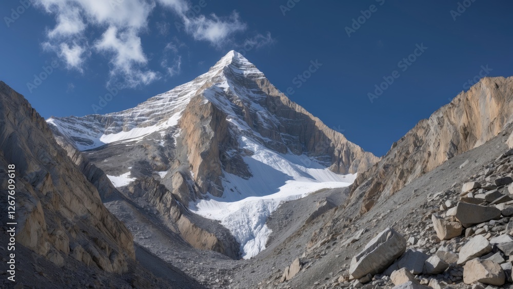 Fototapeta premium Majestic High-Altitude Mountain Peak Surrounded By Rugged Terrain And Pristine Blue Sky Showcasing Wilderness And Natural Beauty In Nature.