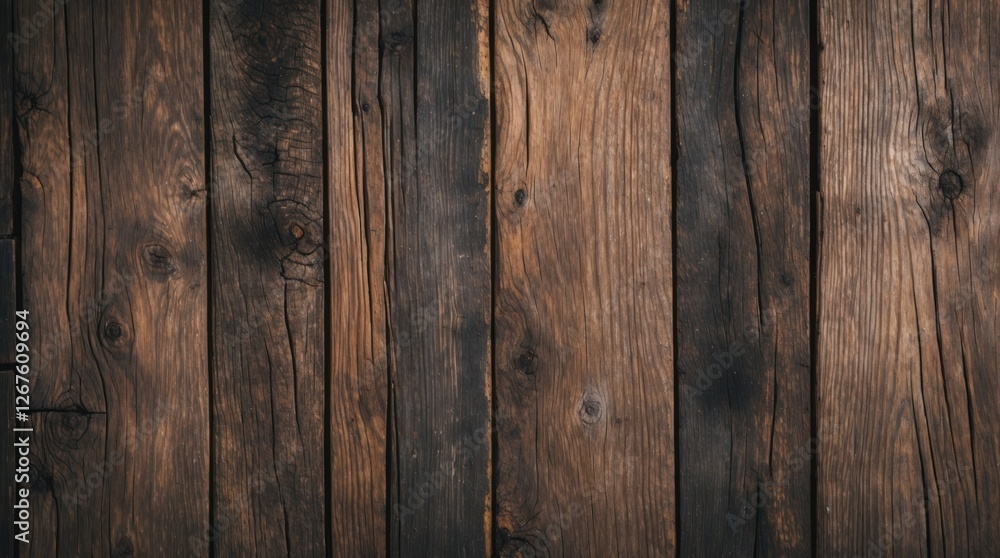 Fototapeta premium Rustic wooden texture background featuring aged planks in rich brown tones for use in design and decor projects.
