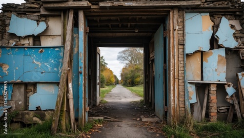 Wallpaper Mural Abandoned building entrance showcasing decayed architecture and overgrown pathway leading into nature's embrace. Torontodigital.ca